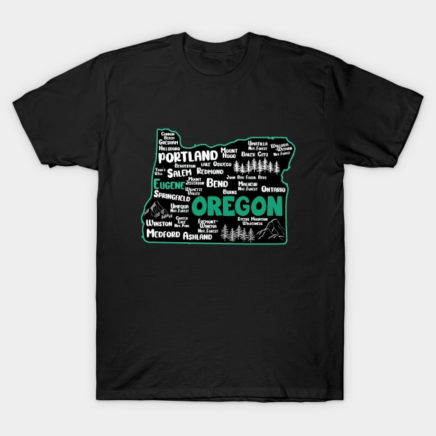 Cute map of Eugene Oregon, Portland, Salem, Springfield, Bend, Ontario, Medford T-Shirt by BoogieCreates